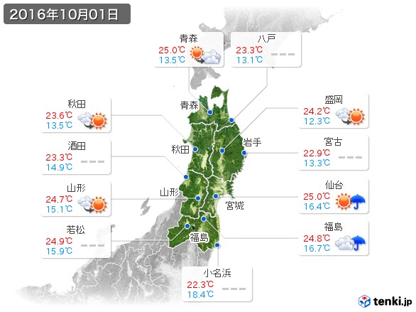東北地方(2016年10月01日の天気