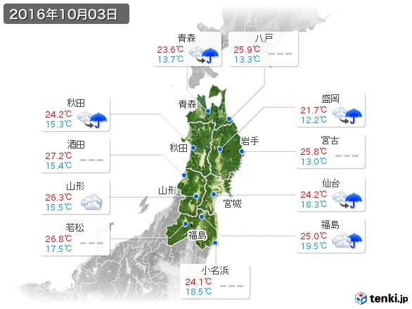 東北地方(2016年10月03日の天気