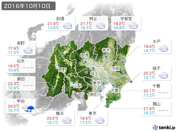 関東・甲信地方(2016年10月10日の天気