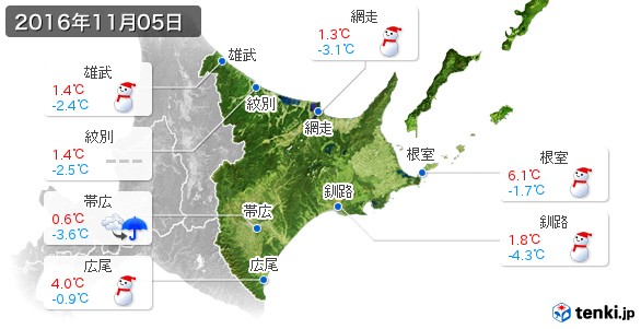道東(2016年11月05日の天気