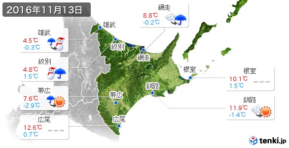 道東(2016年11月13日の天気