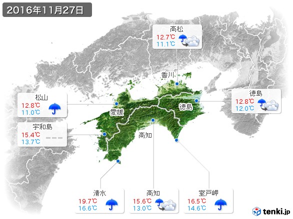 四国地方(2016年11月27日の天気