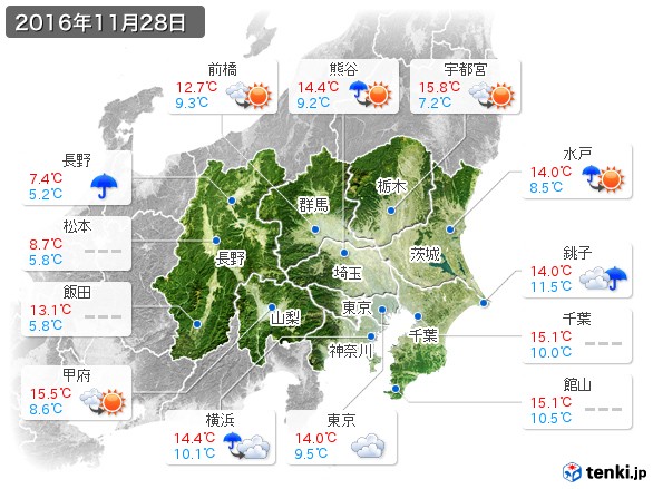 関東・甲信地方(2016年11月28日の天気