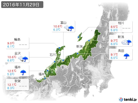 北陸地方(2016年11月29日の天気