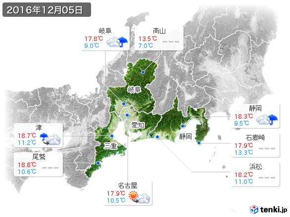 東海地方(2016年12月05日の天気