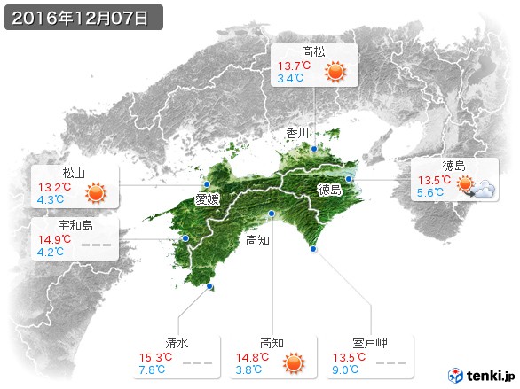四国地方(2016年12月07日の天気