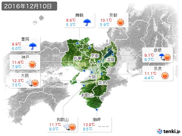 近畿地方(2016年12月10日の天気