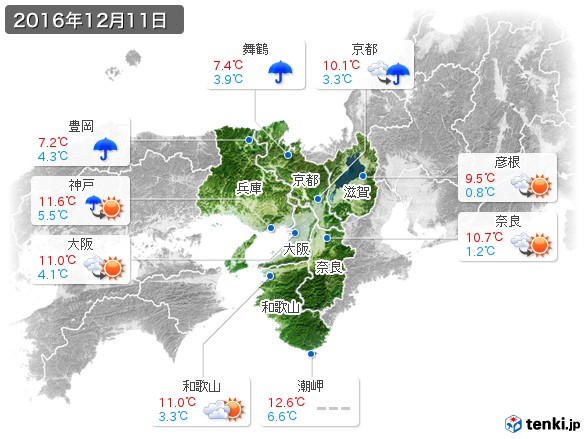 近畿地方(2016年12月11日の天気