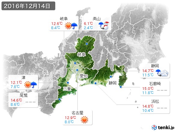 東海地方(2016年12月14日の天気