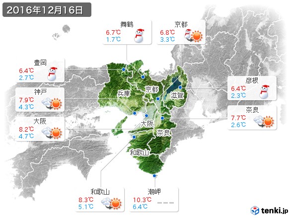 近畿地方(2016年12月16日の天気