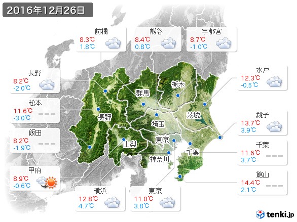 関東・甲信地方(2016年12月26日の天気