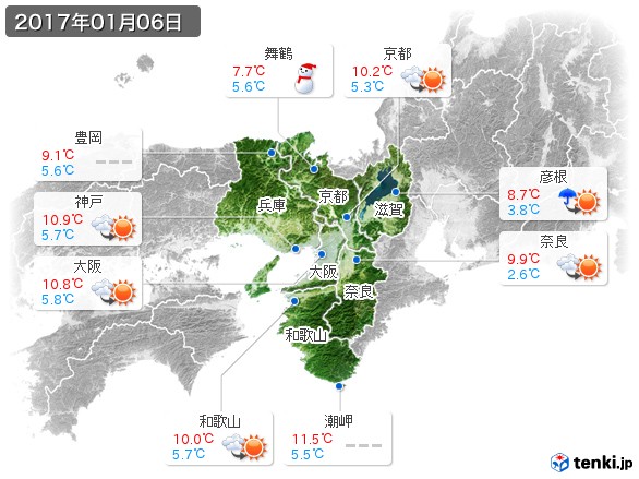 近畿地方(2017年01月06日の天気