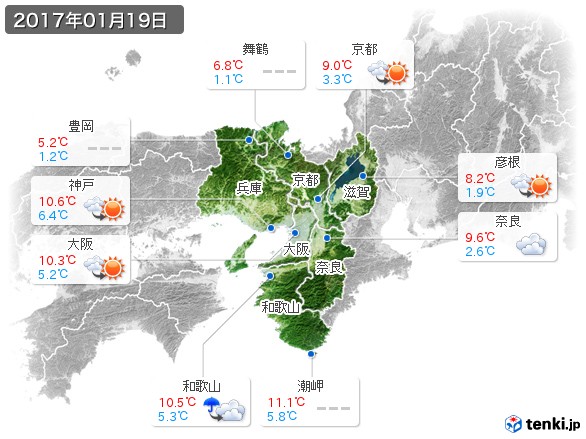 近畿地方(2017年01月19日の天気