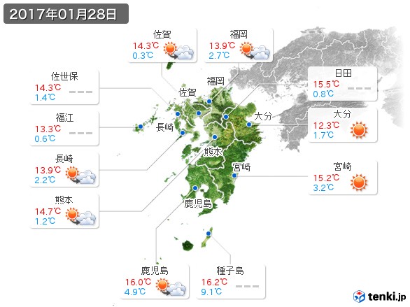 九州地方(2017年01月28日の天気