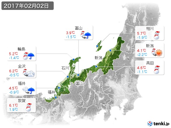 北陸地方(2017年02月02日の天気