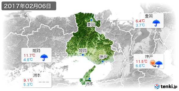 兵庫県(2017年02月06日の天気