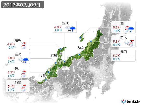 北陸地方(2017年02月09日の天気
