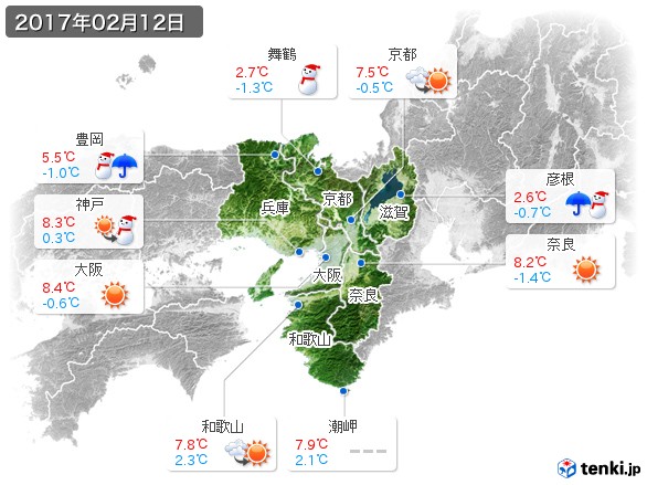 近畿地方(2017年02月12日の天気