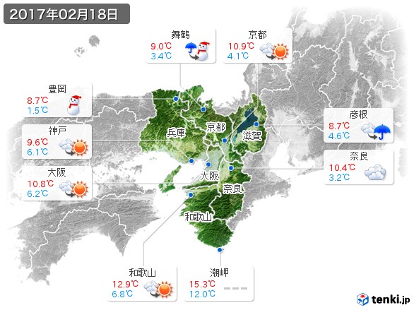 近畿地方(2017年02月18日の天気