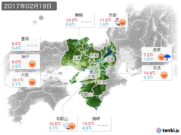 近畿地方(2017年02月19日の天気