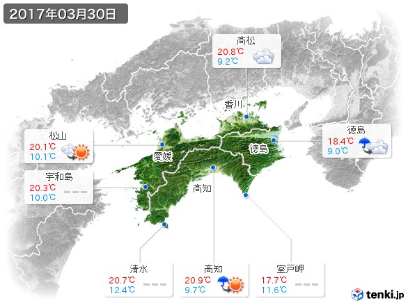 四国地方(2017年03月30日の天気