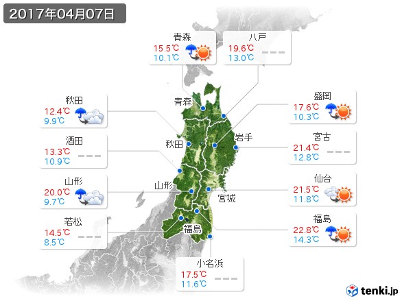 東北地方(2017年04月07日の天気