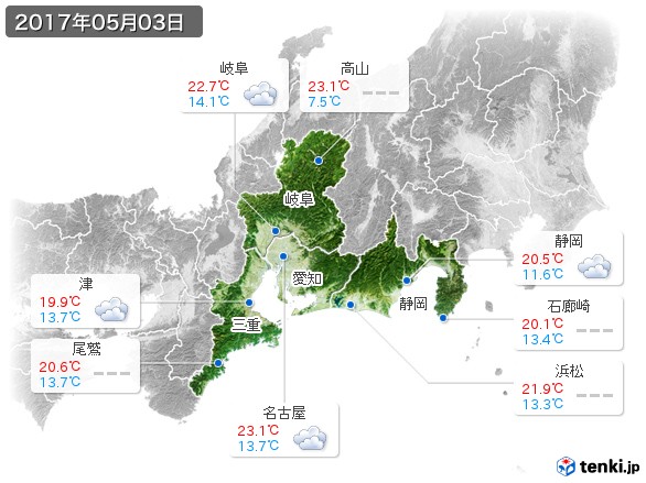 東海地方(2017年05月03日の天気