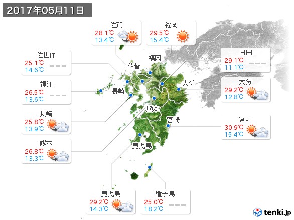 九州地方(2017年05月11日の天気
