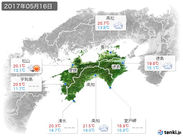 四国地方(2017年05月16日の天気