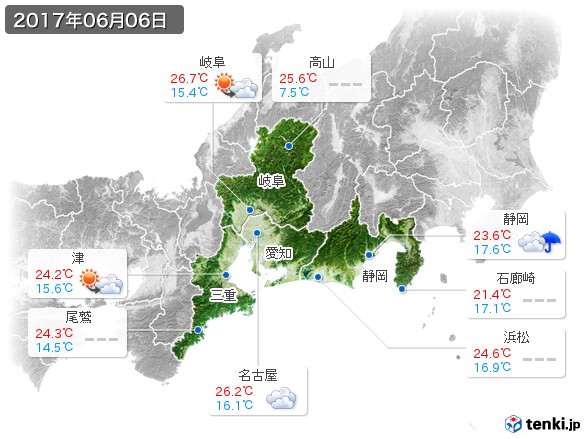 東海地方(2017年06月06日の天気