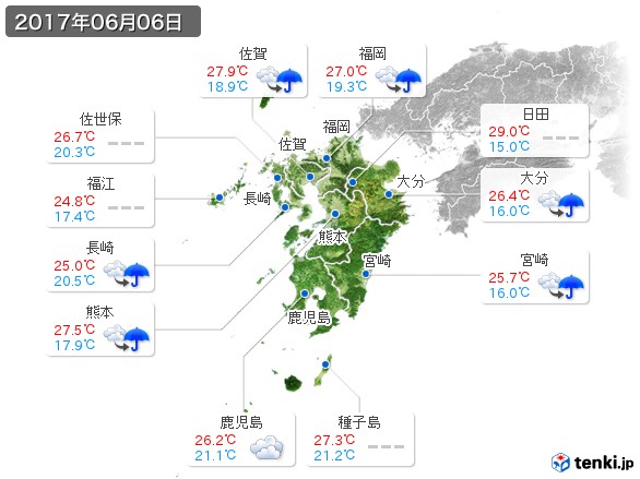 九州地方(2017年06月06日の天気