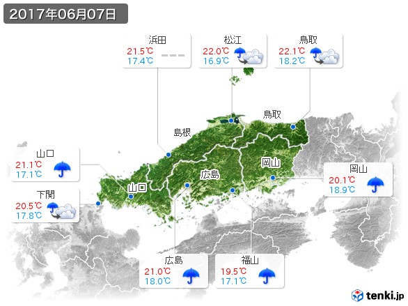 中国地方(2017年06月07日の天気