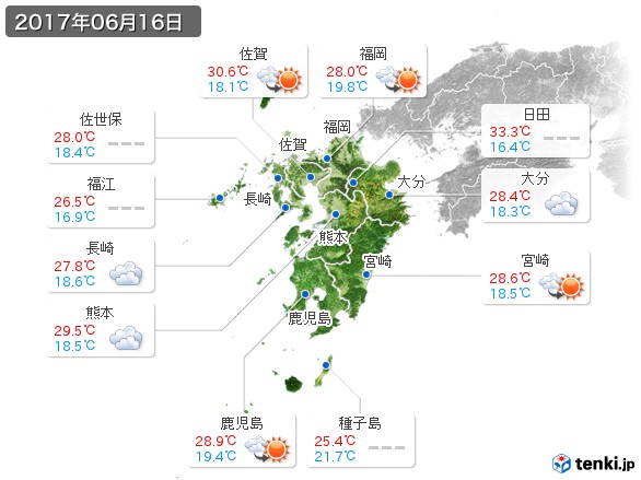 九州地方(2017年06月16日の天気