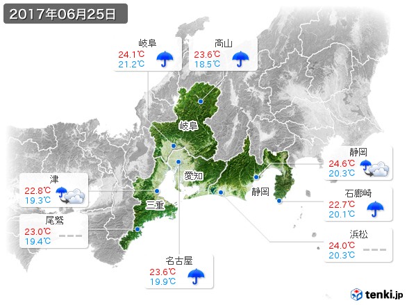 東海地方(2017年06月25日の天気