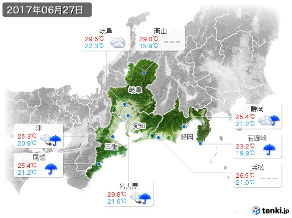 東海地方(2017年06月27日の天気