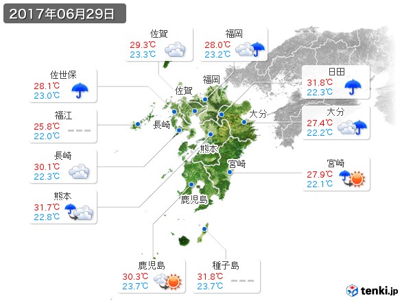 九州地方(2017年06月29日の天気