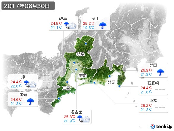 東海地方(2017年06月30日の天気