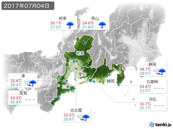 東海地方(2017年07月04日の天気