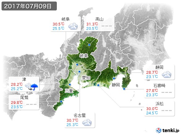 東海地方(2017年07月09日の天気