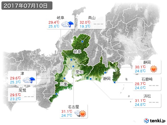 東海地方(2017年07月10日の天気