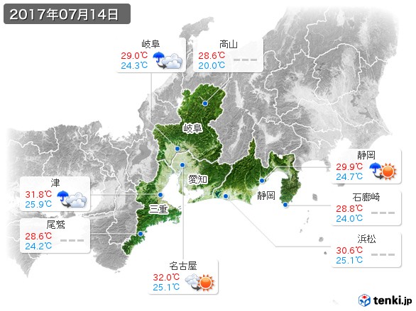 東海地方(2017年07月14日の天気