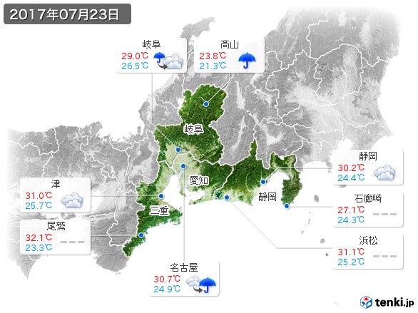 東海地方(2017年07月23日の天気