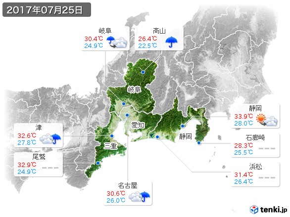 東海地方(2017年07月25日の天気