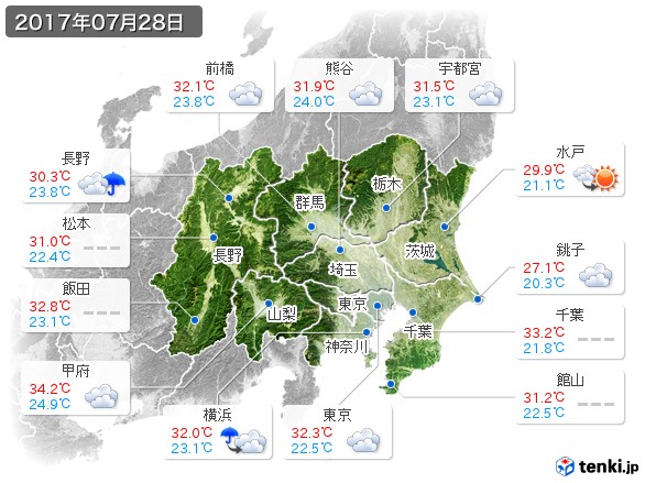関東・甲信地方(2017年07月28日の天気