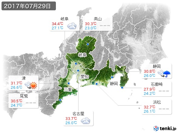 東海地方(2017年07月29日の天気