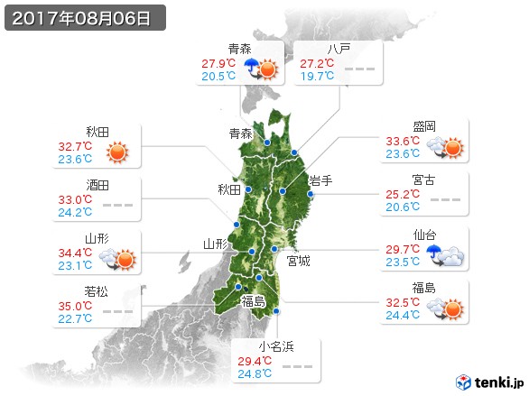 東北地方(2017年08月06日の天気