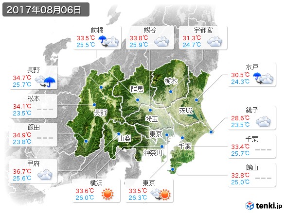 関東・甲信地方(2017年08月06日の天気