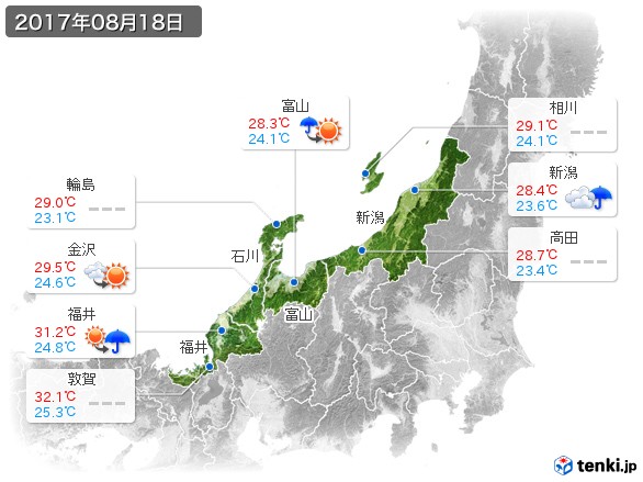 北陸地方(2017年08月18日の天気