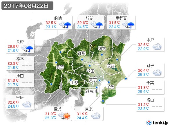 関東・甲信地方(2017年08月22日の天気