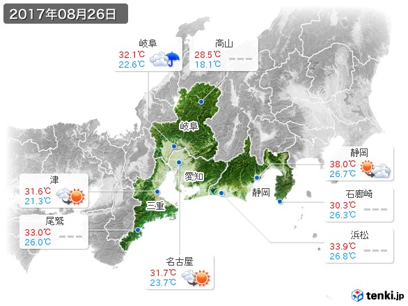 東海地方(2017年08月26日の天気